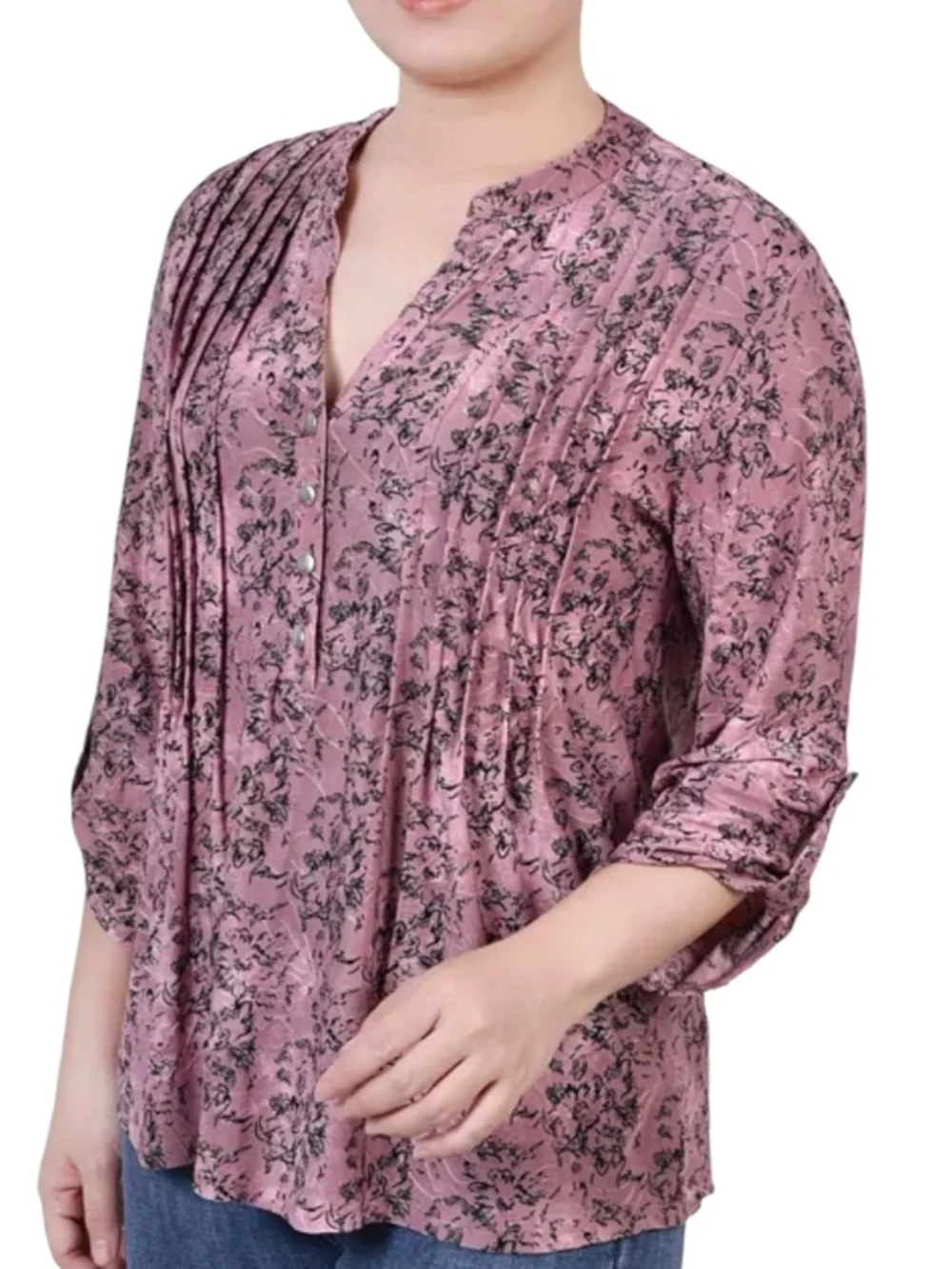 Women's 3/4 Roll Tab Sleeve Y-neck Top - Mauve Floral, Size M - NWT